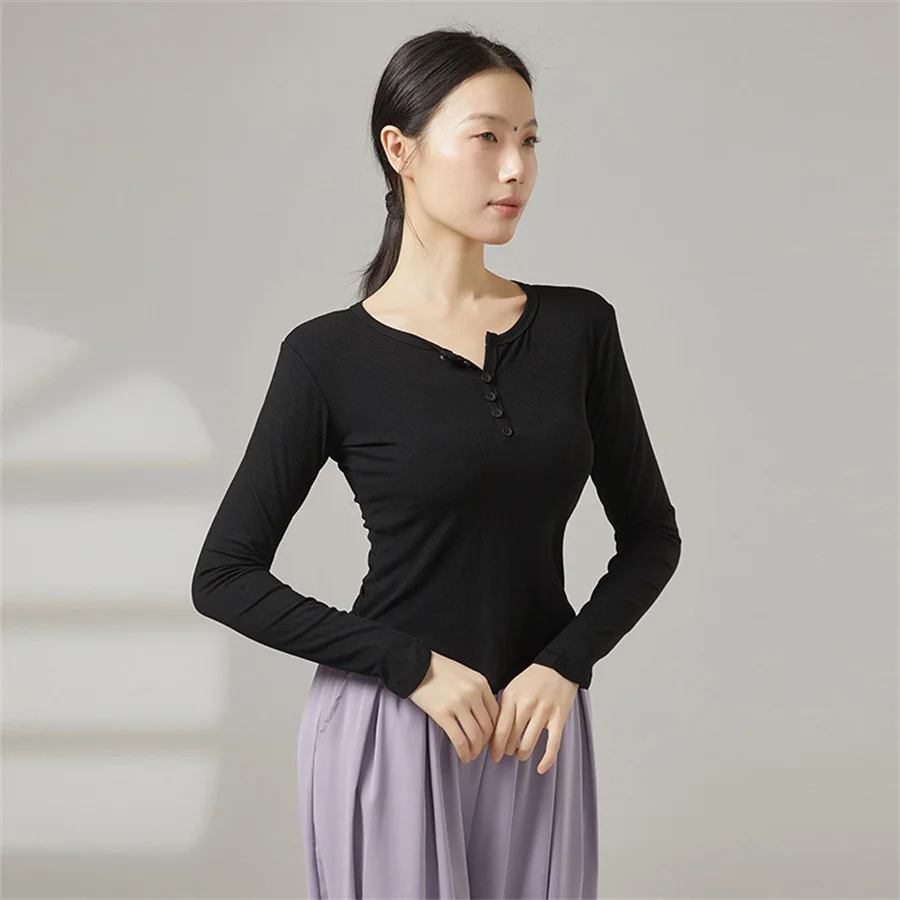 女性用モダンダンストップ-ビスコースリブニット-高伸縮性-通気性-vネック-スリムフィット-バレエダンストップ-ヨガシャツ-ステージパフォーマンス用