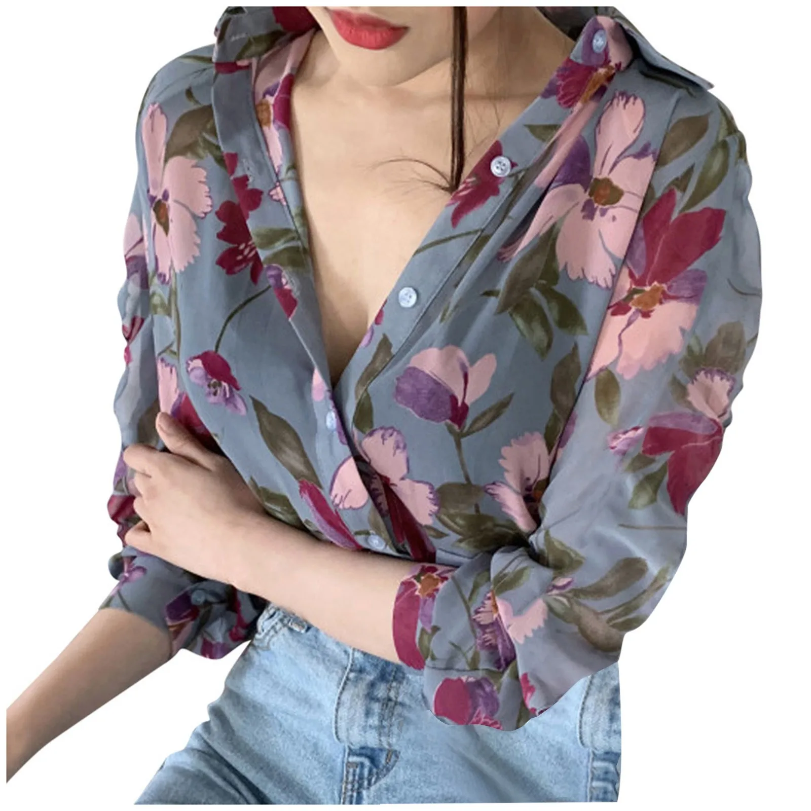 Spring Summer Casual Fashion Floral Print Long Sleeve Chiffon Shirt Women Sweet All-Match Oversized Blouse Female Cardigan Top