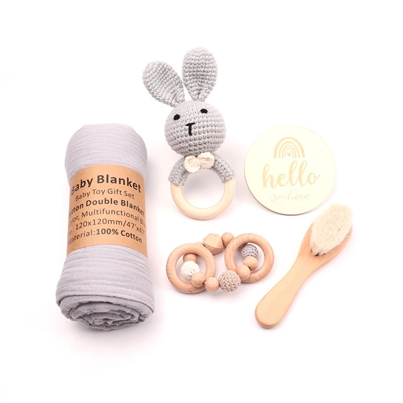 5Piece Baby Swaddle Gift Set Newborn Shower Receiving Muslin Security Blanket Gift Crochet Wooden Rattle