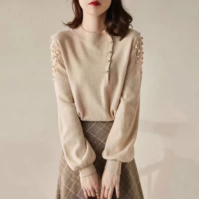 

Lace Off-shoulder Design Style Spring Autumn New Round Neck Hollow Lantern Sleeve Knitted Sweater