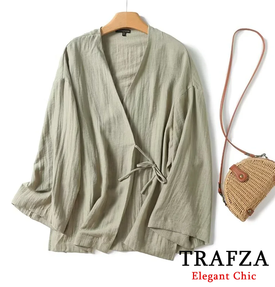 TRAFZA Luxury Casual Blend Solid Shirt Women's New 2024 Spring Summer Fasion Vacation Commuter Shirt V-Neck Lace-up Shirt