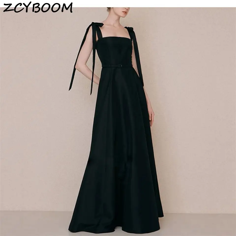 

Simple spaghetti strap Sleeveless Square Collar Detachable BOW Formal Evening Dresses 2024 A-line Party Prom Gowns For Women