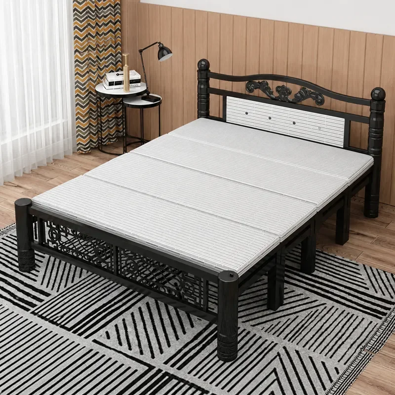 Iron Frame Folding Bed Simple Double Single Bed for Home Rental Office Nap Portable Collapsible Sleeping Bed Space Saving