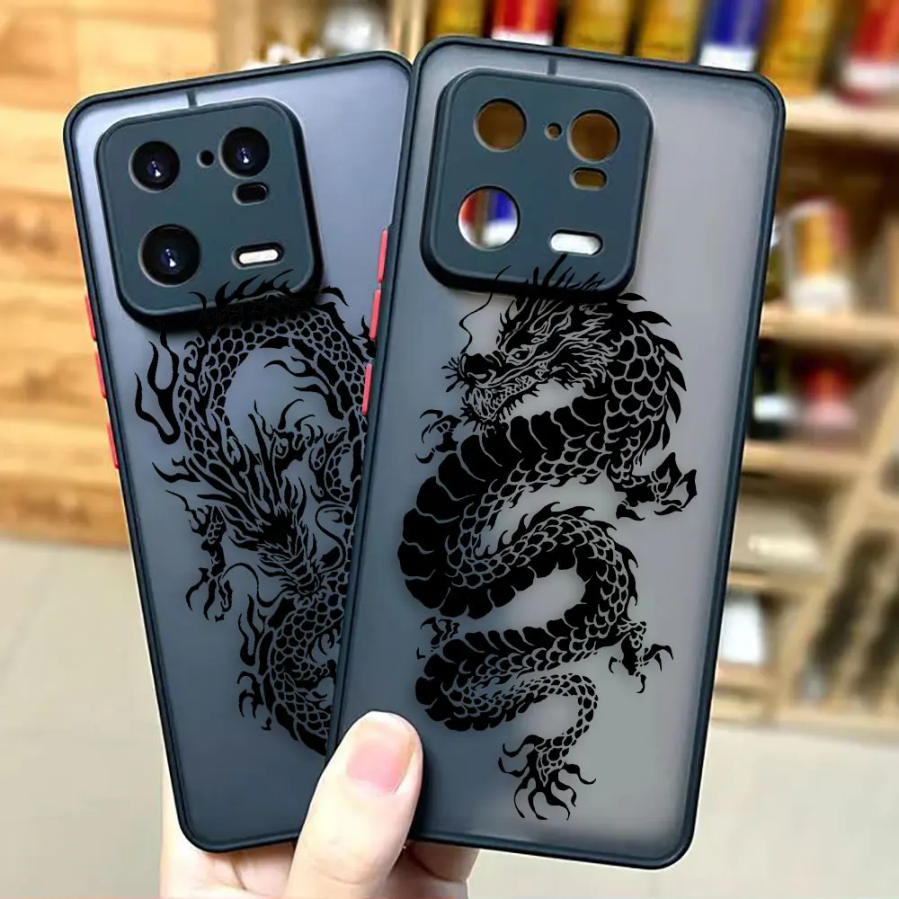 Matte Phone Case for Xiaomi 13 12 12S 12T 11 11T 10 10T 10S 9 8 6X 5X PRO LITE 5G Ultra Case Funda Line Drawing Chinese Dragon