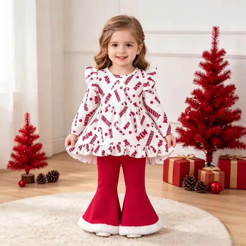 Newborn Infant Baby Girls Christmas Outfit Bell Print Ruffle Top Red Bell Bottom Flare Pants With Fur Trim Set 0 24M