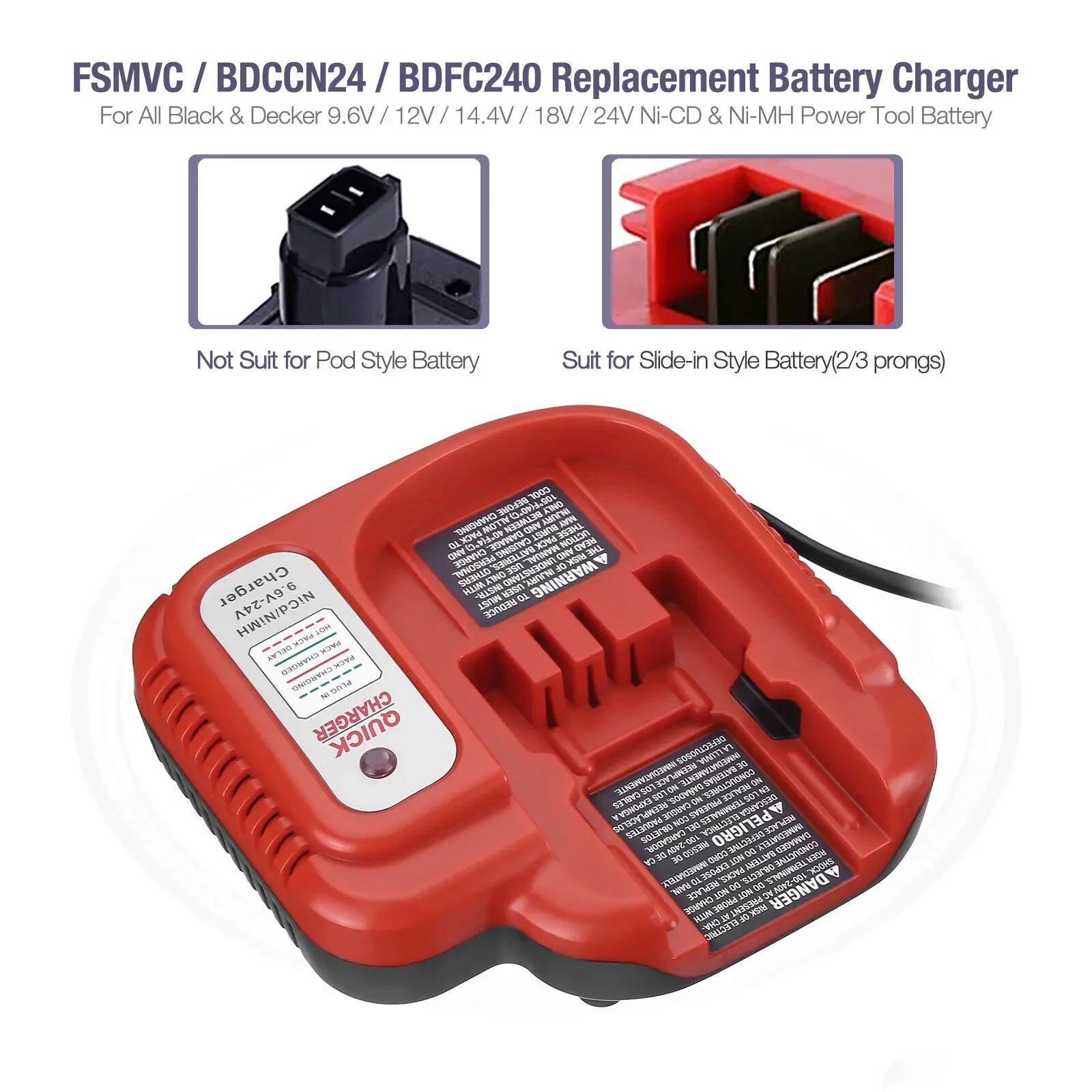 BDFC240 Power Tool Charger Replacement Battery Charger for Black & Decker 9.6V-24V NICD/NIMH Nickel Battery