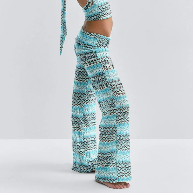 Boho Chevron Printed Flare Pants Women Sexy Foldover Waist Wide Leg Trousers Vintage Blue Striped Beach Vacation Pants Outfits