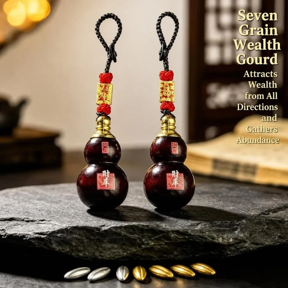 Wooden Gourd-shaped Car Keychain Hollow inside Bringing Good Fortune and Blessings Gourd Shape Key Chain with 7 Rice