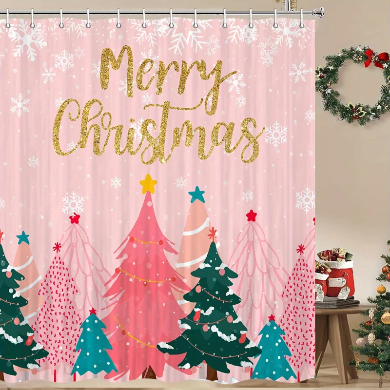 1pc Merry Christmas Snowflake Bath Drape, Pink White Xmas Waterproof Polyester Home Decor with Stain Resistant Weave, Machine Wa