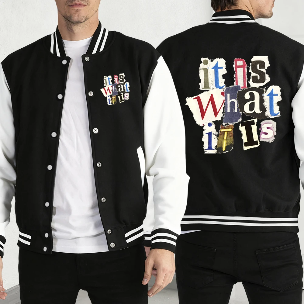 

It Is What It Is Letter Print Men Y2K Menswear Hip Hop Pocket Jackets Creativity Loose Baseball Jersey Fashion Streetwear