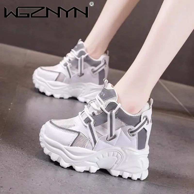 10CM Autumn Fashion Non Slip White Shoes Women Breathable Platform Casual Lace Up Sneakers Ladies High Top Wedges Zapatos Mujer