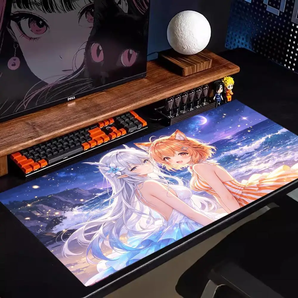 Japanese summer night long gaming mat mermaid & cat ear bikini girls moon coast scene  anti-slip dual-use desk & mouse pad