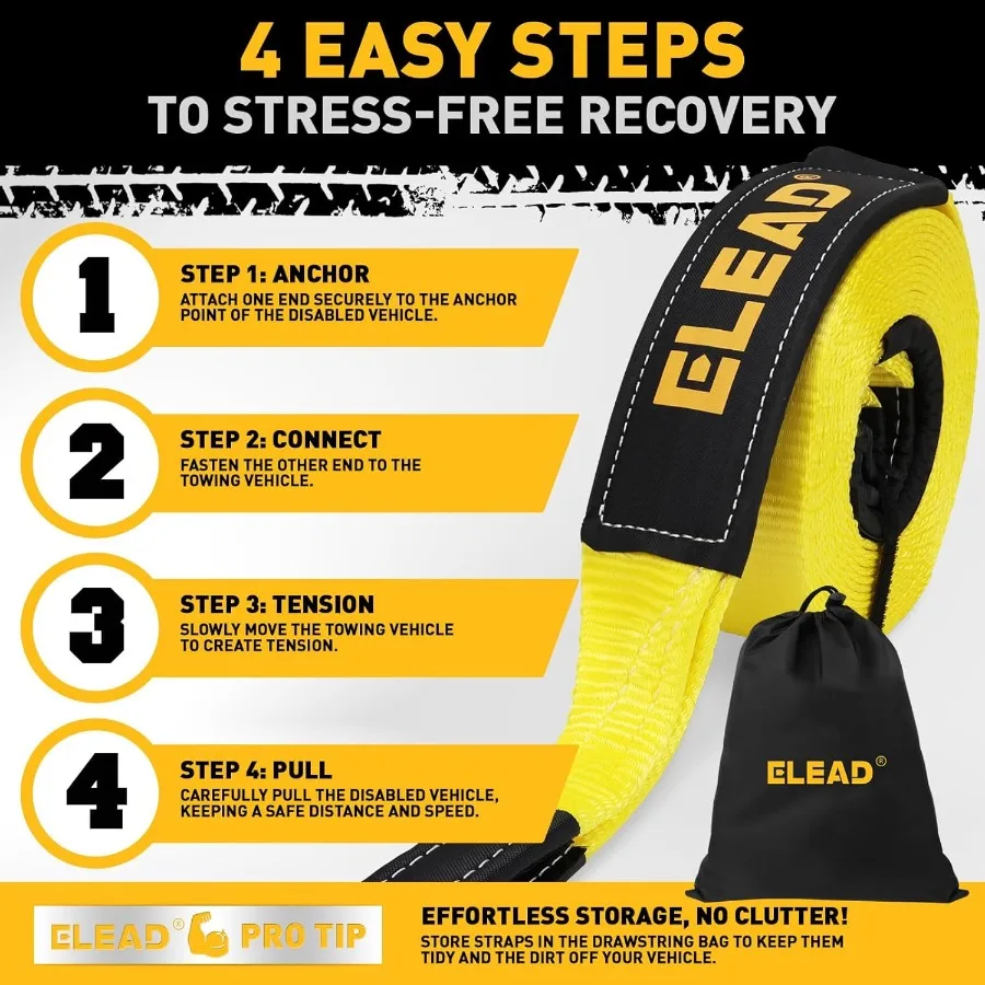 Wytrzymały pas holowniczy z haczykami 3 x 30 stóp, wytrzymałość na rozdarcie 36000 LBS, zawiera 2 szt. szekli z pierścieniem D 3/4 cala do pojazdów ratunkowych