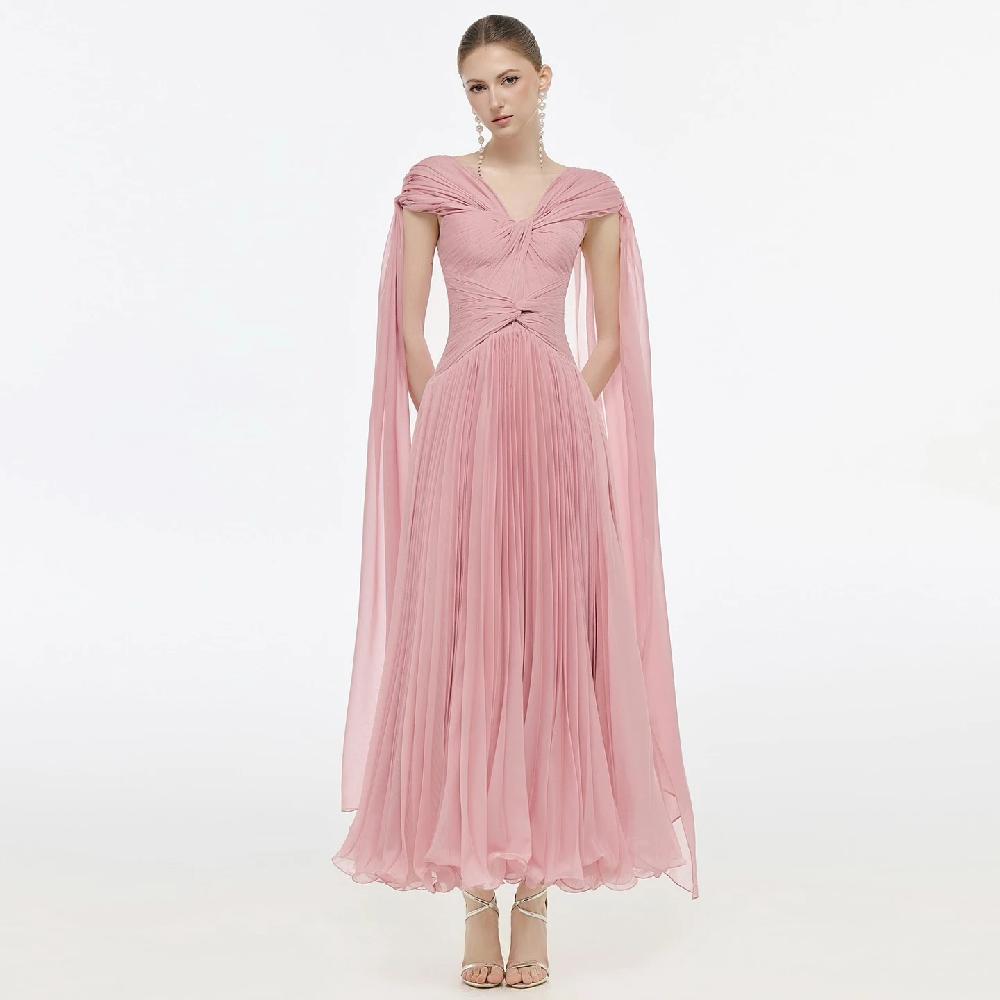 

Sharon Said Elegant Pink A Line Evening Dress With Cape Sleeve Pleated V Neck Modest Women Wedding Party Gowns SF421 Customized