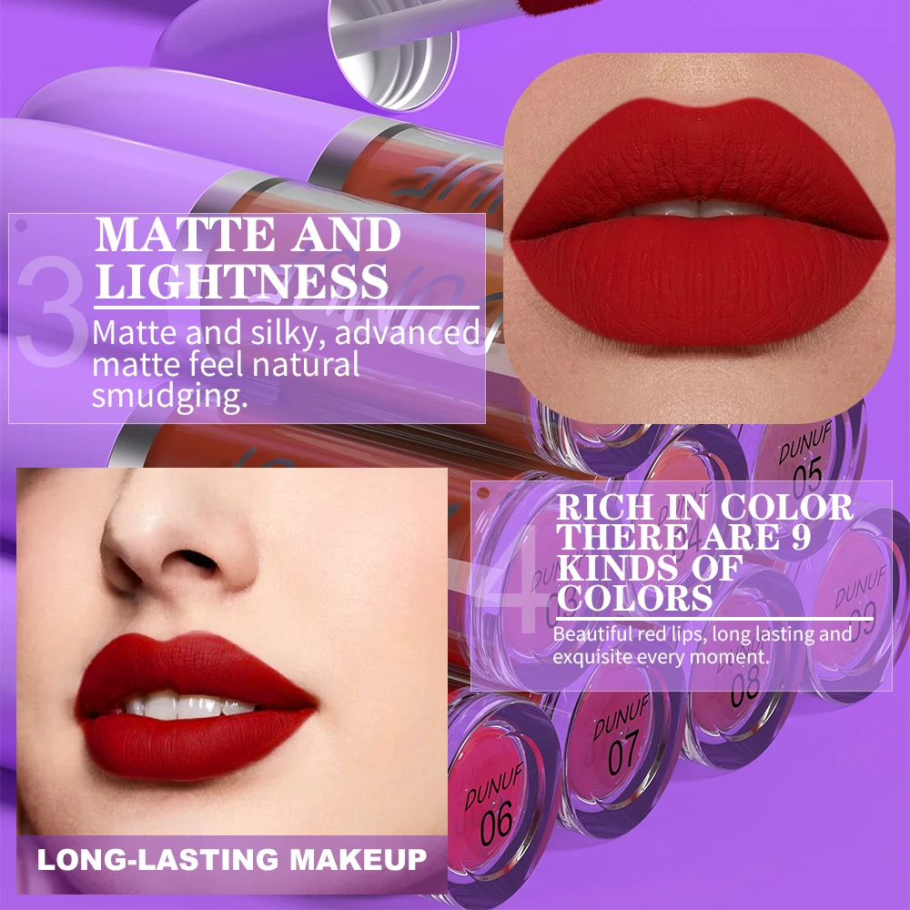 DUNUF Matte Lip Gloss Long-lasting Nude Red Liquid Lipstick Waterproof Non-stick Cup Sexy Lip Tint lip glosses Cosmetics Makeup