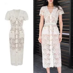 New Elegant Luxury Summer Floral Lace Embroidery Midi Dress Vintage Women Lapel Beaded Buttons Hollow Out Belt Bodycon Clothes