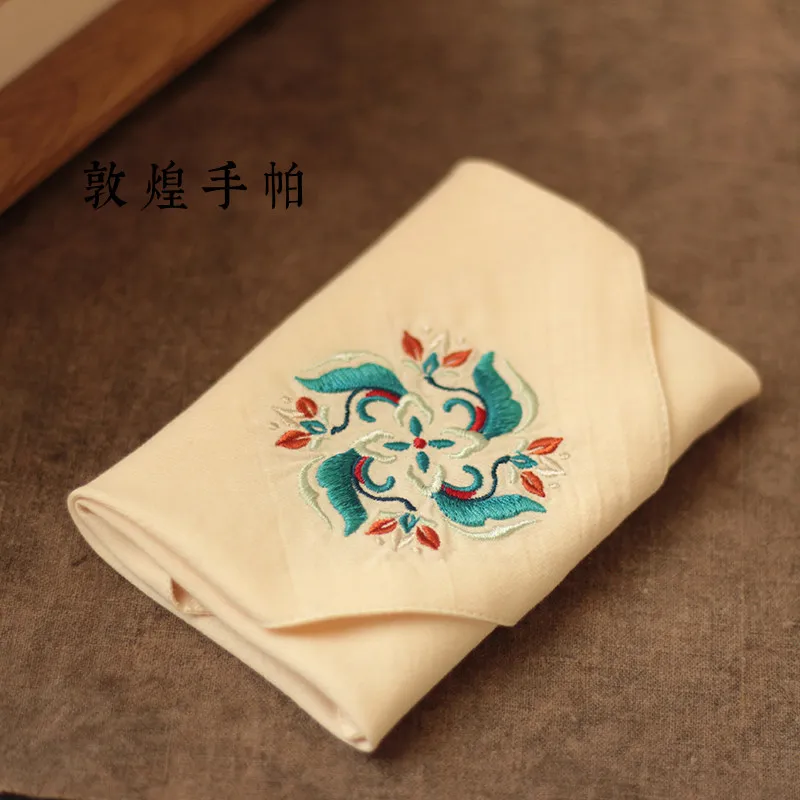 Chinese Style Dunhuang Lotus Pattern Embroidered Absorbent Handy Square Handkerchief Blessing Lucky Gift For Men Women Daily Use