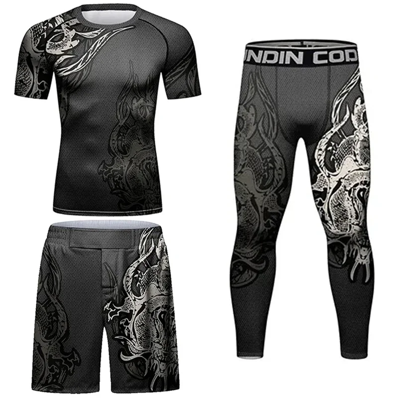 Men Fitness MMA Compression Fight Training T-shirt+Pants Set Sports Boxing T Shirts Wrestling Jiu Jitsu Rashguard Tight Shorts