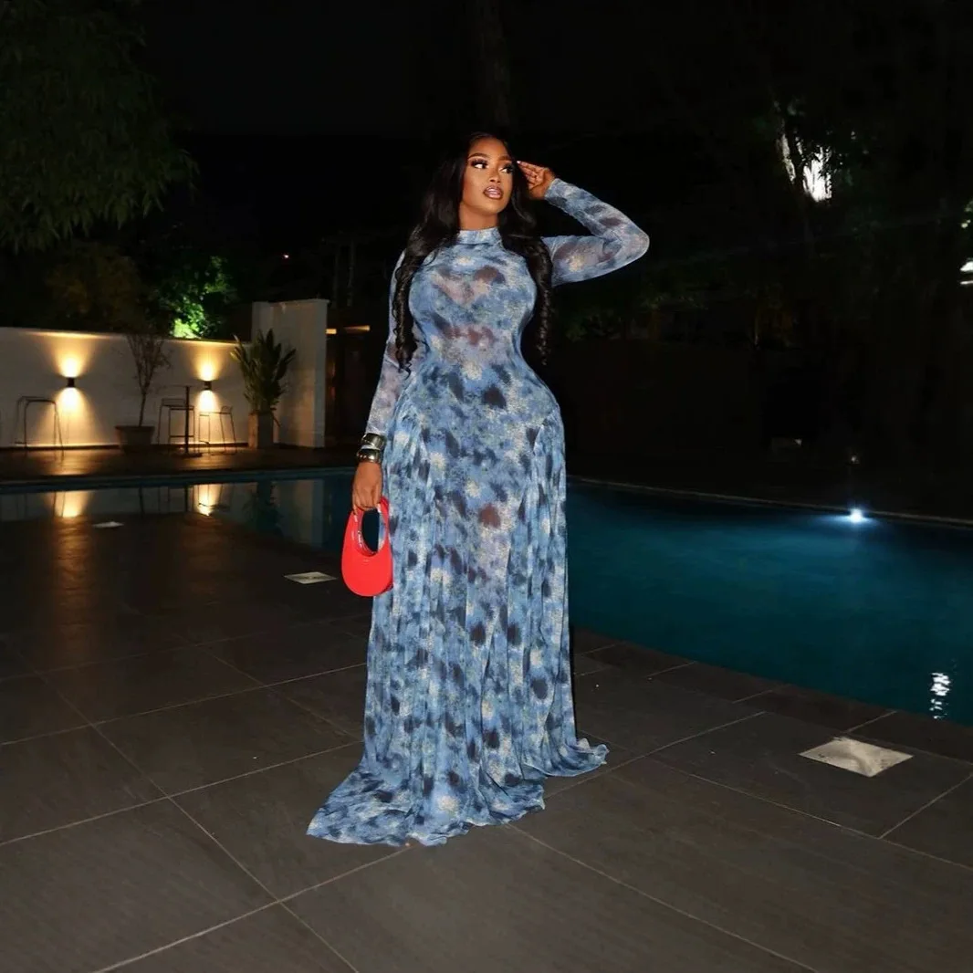Sexy Mesh Printing Long Sleeve Maxi Dresses Women Elegant Turtleneck High Waisr Stretchy Night Club Party Birthday A-line Dress