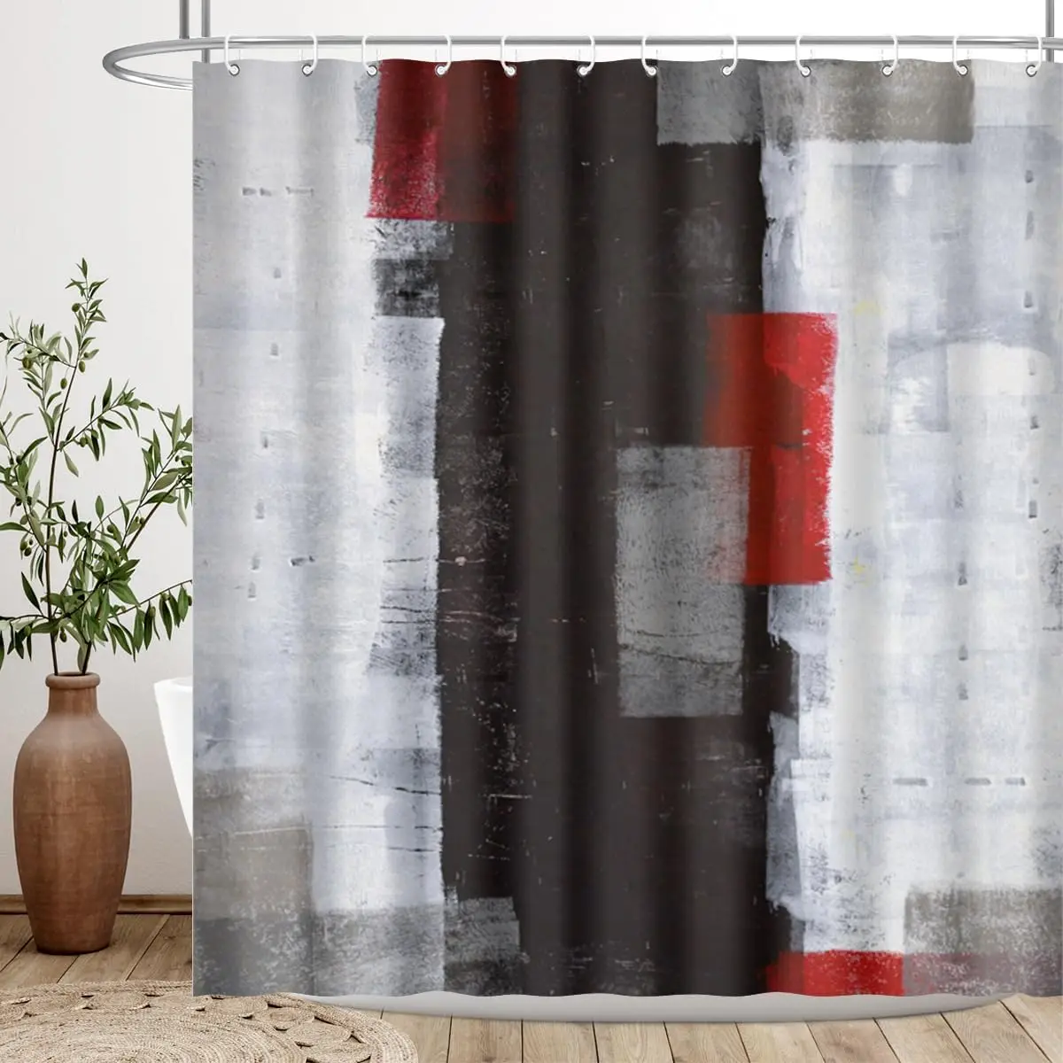 

Черная, красная занавеска для душа, серая абстрактная живопись, белая геометрия, современная галерея, линии, крутая работа, водонепроницаемая полиэфирная ткань
