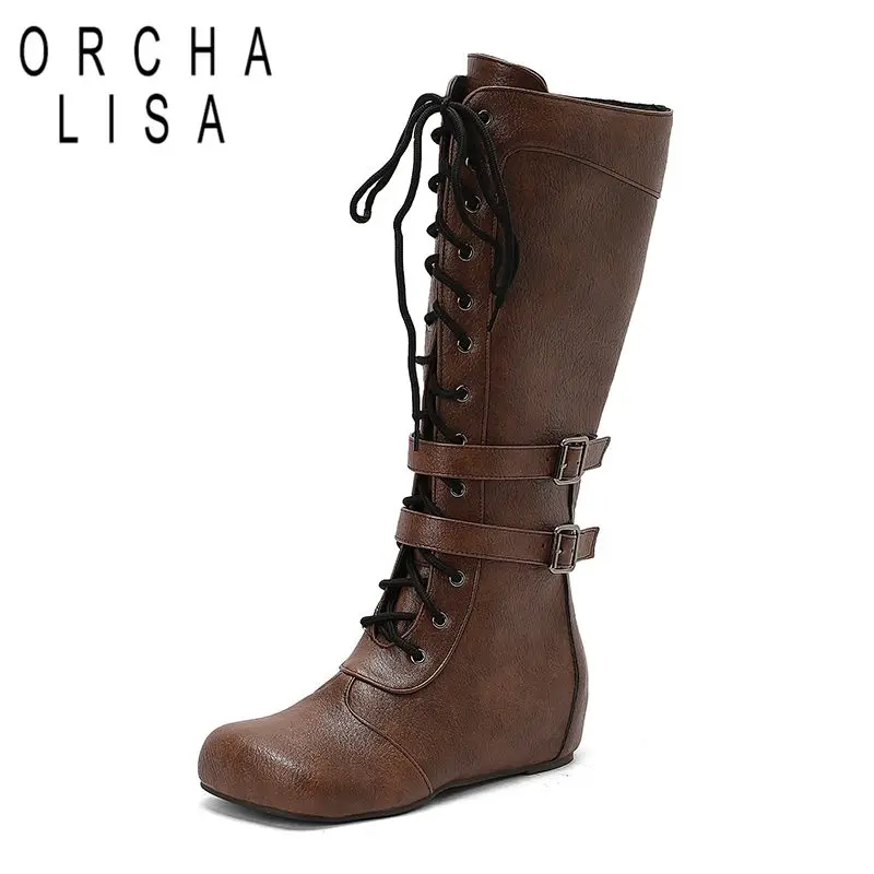 

ORCHA LISA New Design Women Knee High Boots Round Toe lncreased Heel 4cm Zipper Lace Up Belt Buckle Big Size 48 49 50 Retro Bota