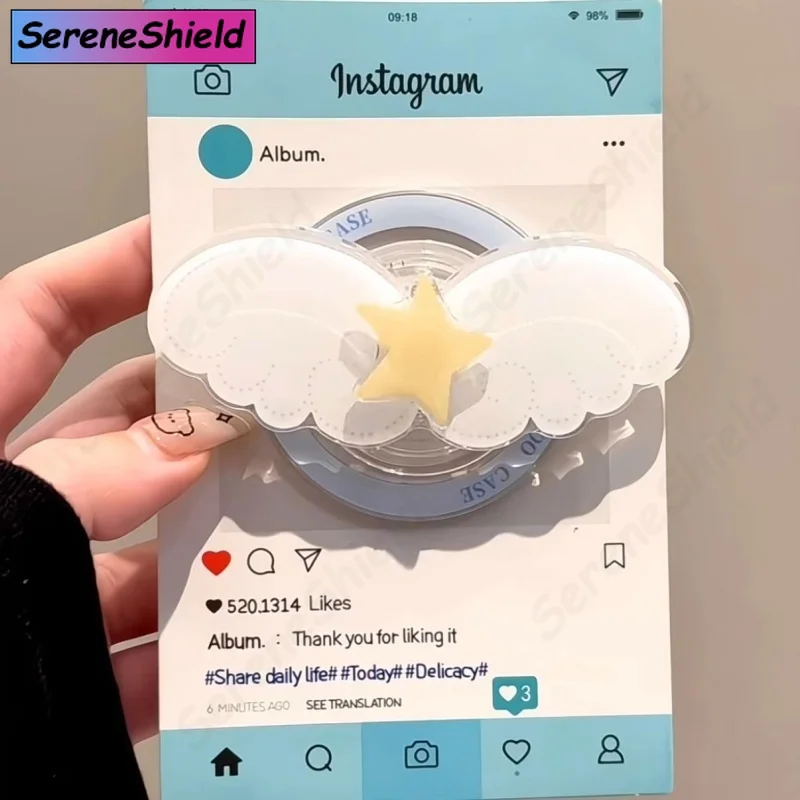 

Корейский милый вращающийся чехол с крыльями и звездой для Magsafe, магнитный чехол Griptok Grip Tok, подставка для iPhone 15, держатель для беспроводной зарядки