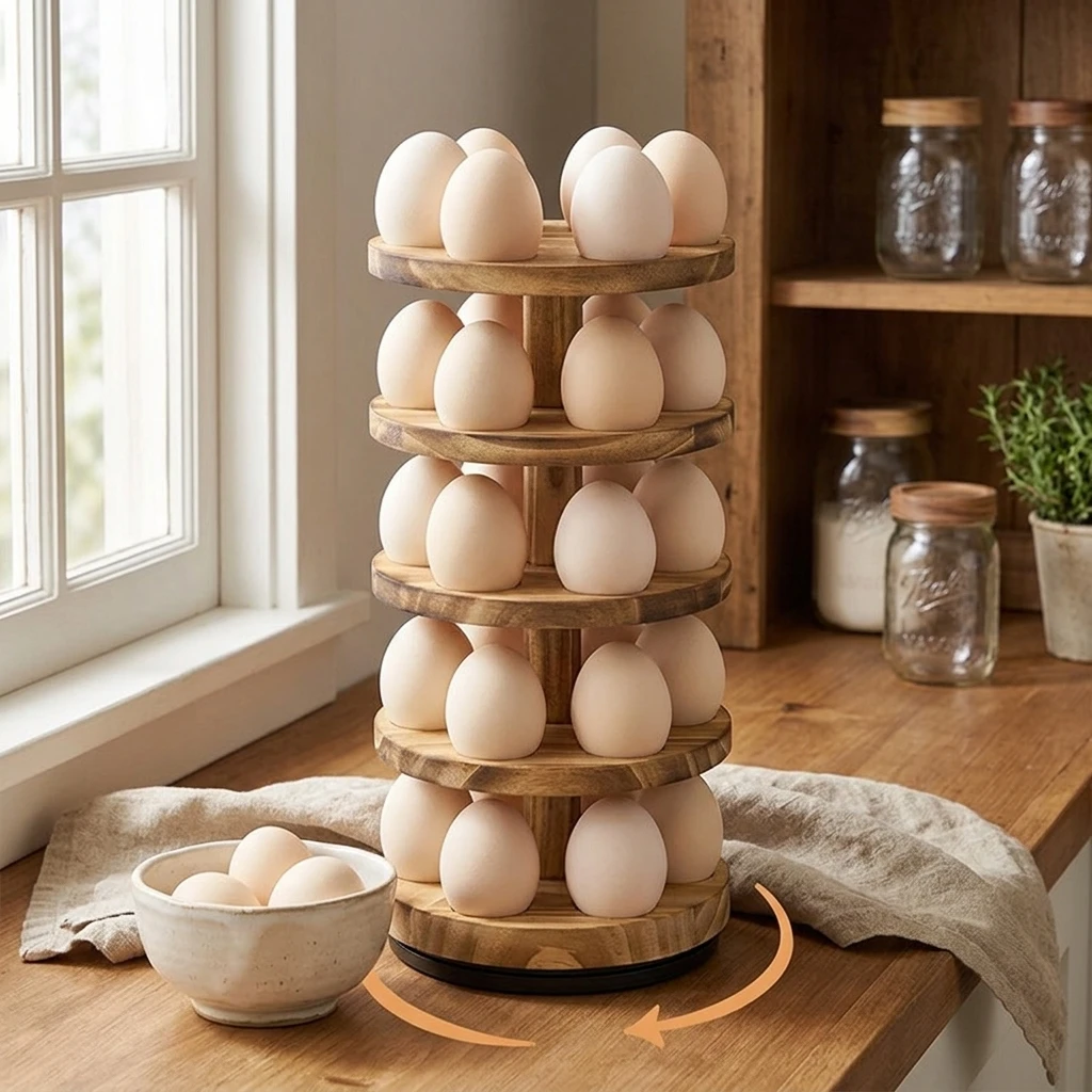 Kitchen Countertop Egg Holder 360 Rotating Storage Rack Rustic Solid Wood Organizer for Home Baking Studio Space Saving