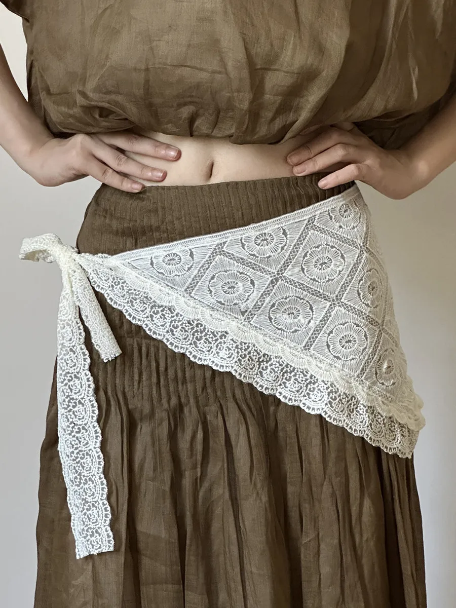 Spring Summer Sweet Floral Jacquard Lace Triangular Waist Scarf for Women Tie Waist Layering Hip Scarf Pinafore Overlay