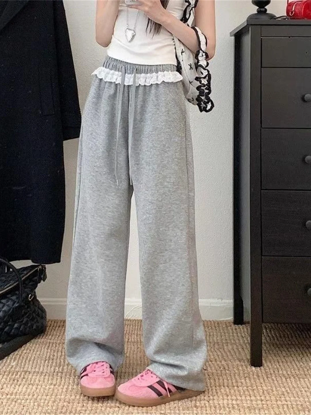 Korean Style  Knot Lace Splicing Wide Leg Pants Women's Spring Summer Black Design Casual Loose Feeling Sporty Sweat...