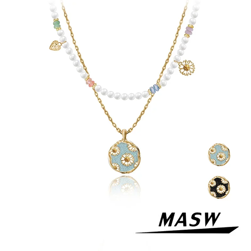 

MASW Original Design Spring Summer Style Simulated Pearls Flower Pendant Necklacle For Women Girl Gift Sweet Fashion Jewelry