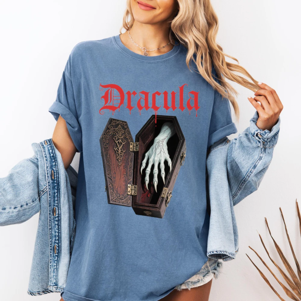 تي شيرت دراكولا لفيلم الرعب، قمصان قوطية قديمة، قمصان علوية من القطن الخالص للجنسين وملابس الشارع. ملابس نسائية تي شيرت قوطي