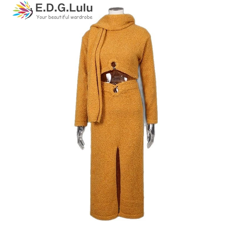 EDGLuLu rétro décontracté 2 pièces ensemble 2025 automne nouveau col rond à manches longues haut court + taille haute fente jupe longue jaune bleu costume 1024