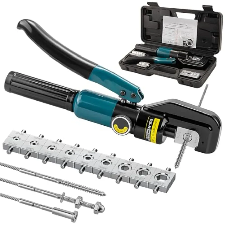 

Hydraulic Crimping Tool for Railing - Wire Rope Battery Cable Lug Terminal Crimper with 9 Dies - 12 to 2/0 AWG for 1/8" 3/16" S