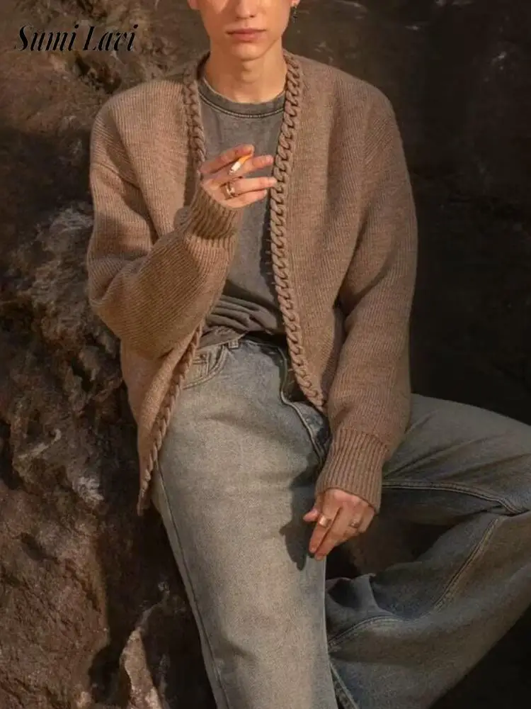 Giacca maglione a punto aperto primavera autunno uomo cardigan casual in maglia tinta unita uomo streetwear cappotto in maglia slim fit vintage