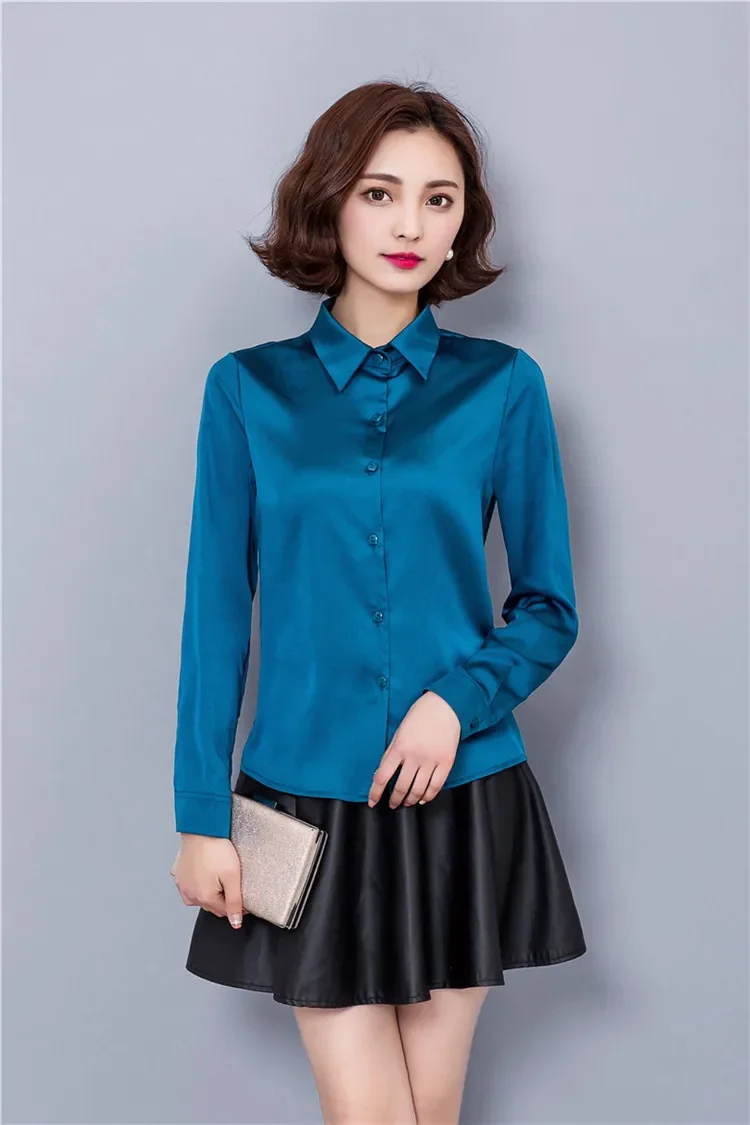 a new Peacock blue Satin Shirt Women Long sleeve silk Blouses loose women work wear uniform office shirt simple Chiffon top