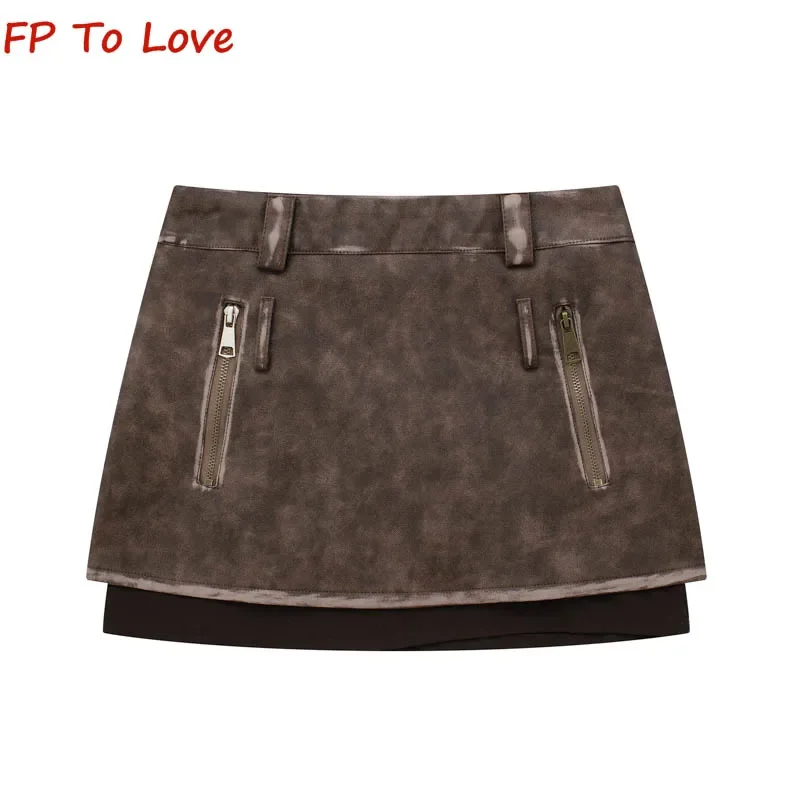 2023 Spice Girls Style Rubbed Color Leather Skirt Coffee Autumn Black Vintage Splicing High Waist A-Line Mini Skirt