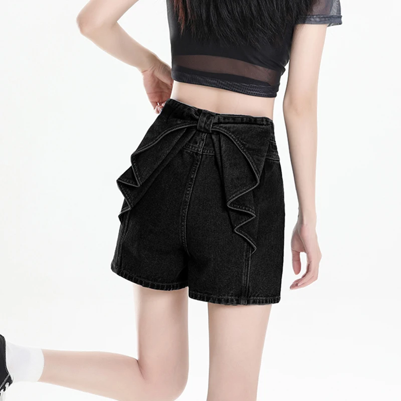 여성용 블루 백 웨이스트 보우 장식 데님 반바지 여름 신상 루즈 스타일 와이드 레그 블루 숏 팬츠 2025 신상 패션