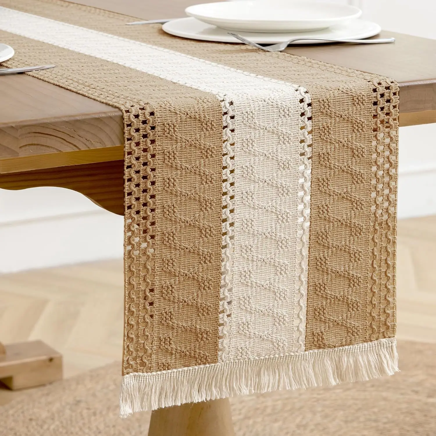 Landhaus-Tischläufer Beige Elfenbein Boho mit Quasten Gewebte Textur Leinen Neutrale Bohemian-Dekoration für Küche und Esszimmer