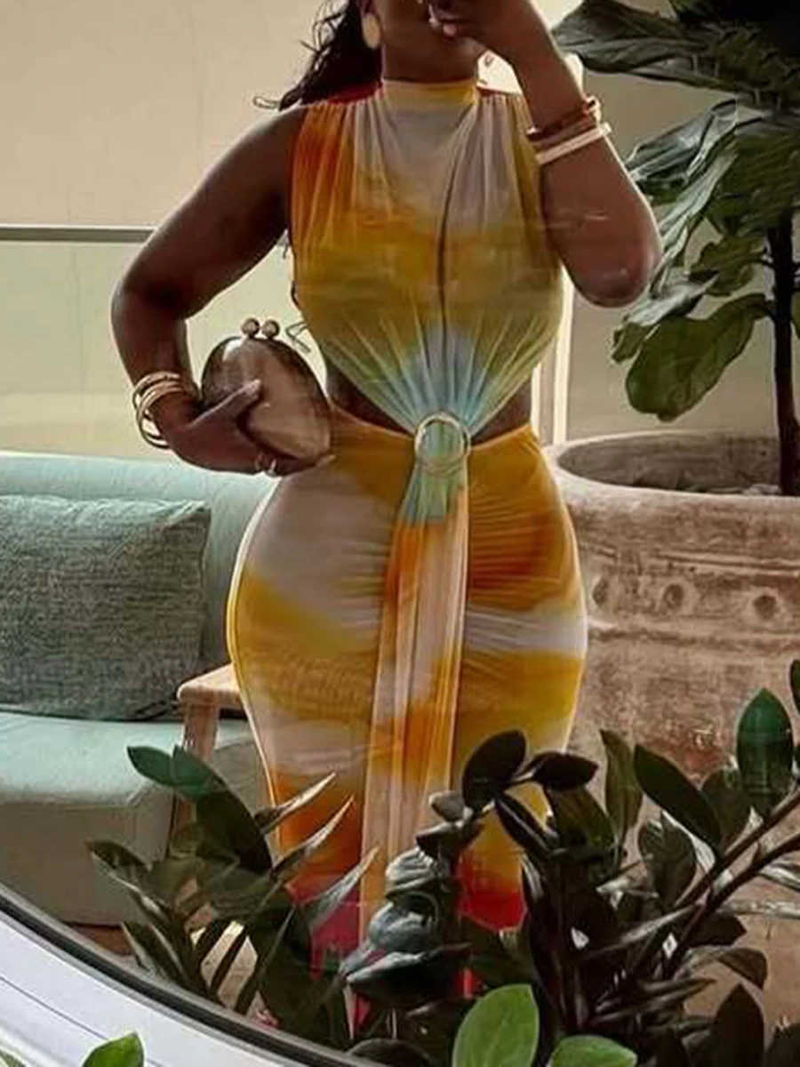 ZIML Hit Color adelgazamiento estampado vestidos calados para mujeres cuello alto sin mangas cintura alta temperamento vestido femenino nuevo