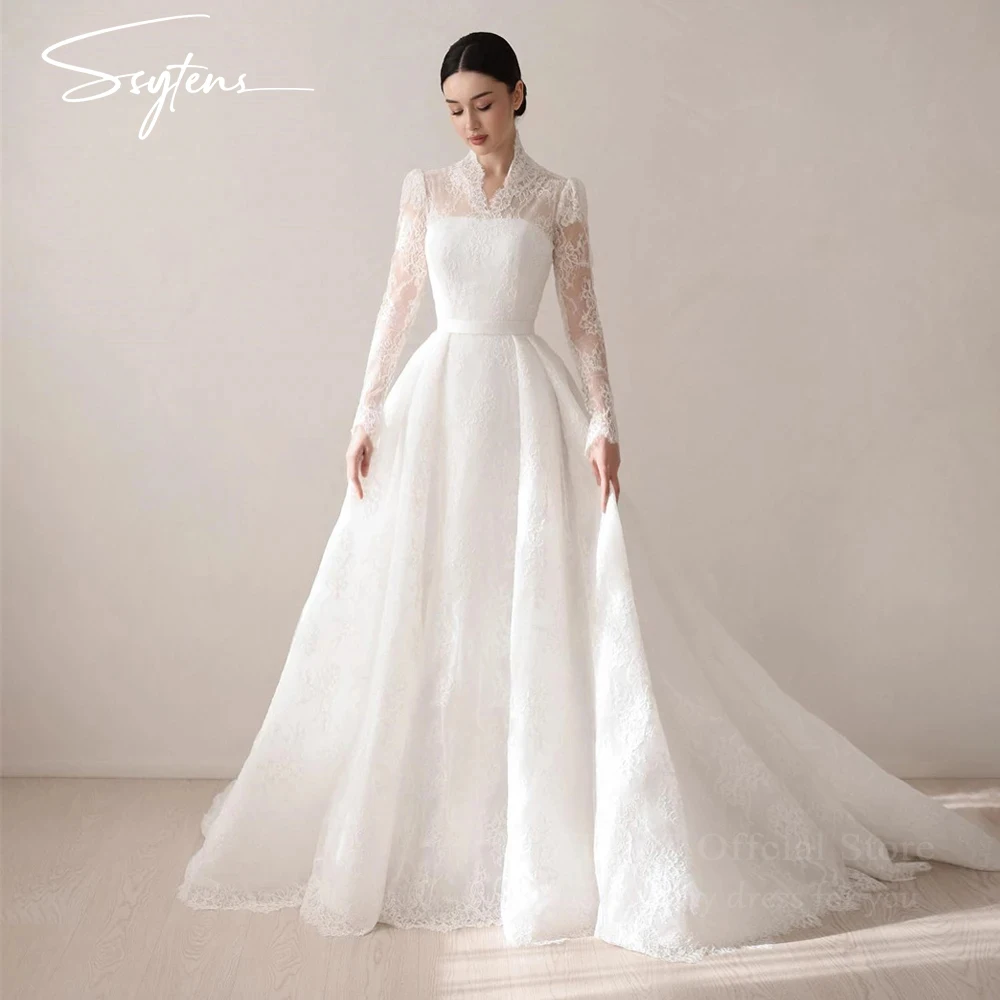 

SSYTENS Dubai V Neck Full Lace Wedding Dresses Long Sleeves Customized A Line Saudi Bridal Dress for Brides Vestido de noiva