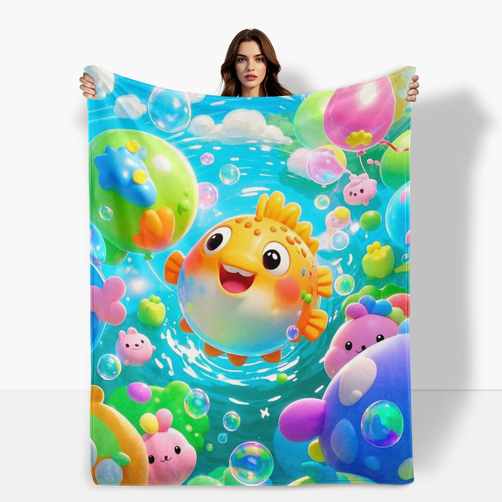 Cartoon Pufferfish Funny Green Balloon Themed Blanket For Whimsical Home Decor And Unique Gift Inspiration