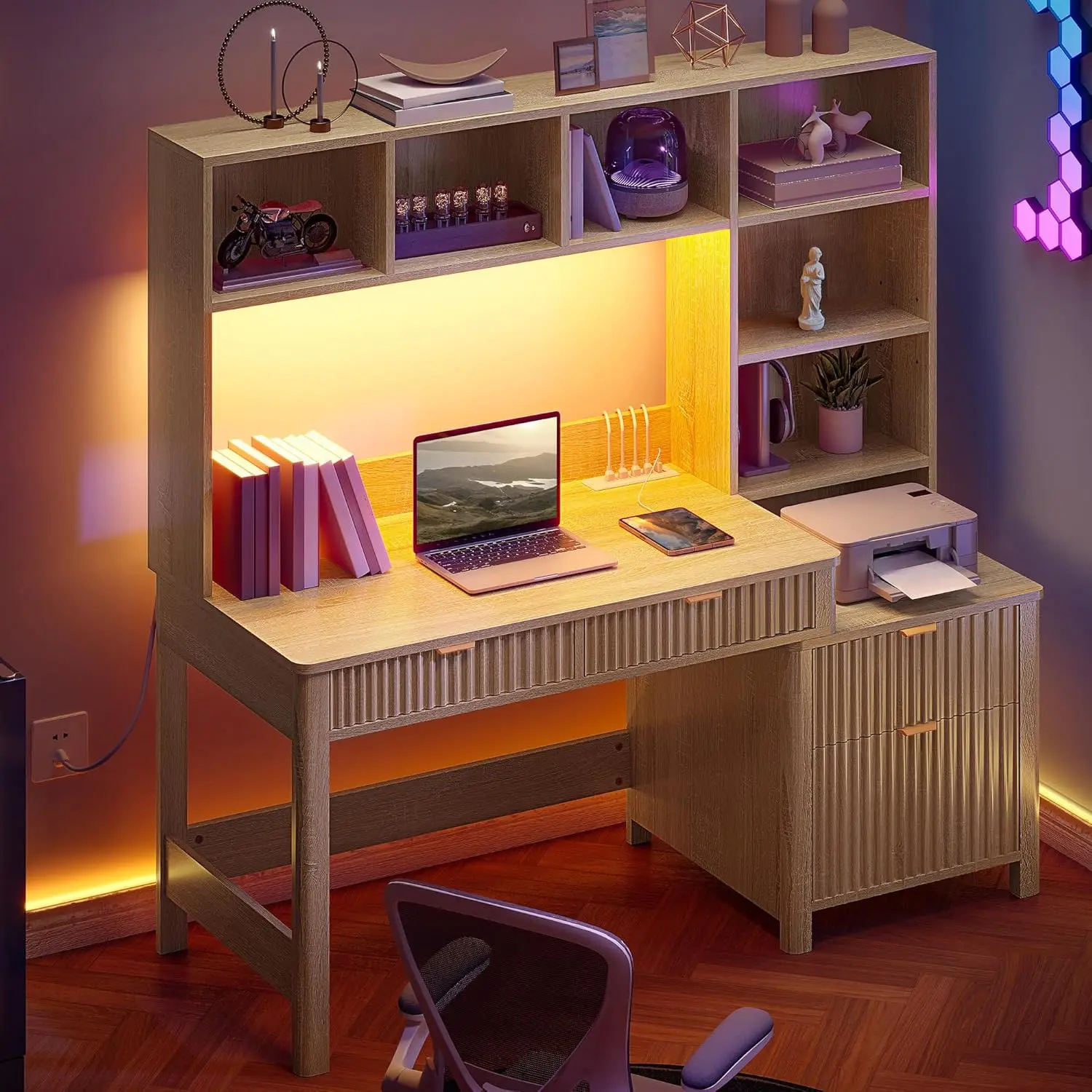 مكتب كمبيوتر مزود بخزانة وأدراج، مكتب مكتب مقاس 55 بوصة مع أرفف تخزين وحامل طابعة، مكتب ألعاب مزود بمنافذ طاقة #6
