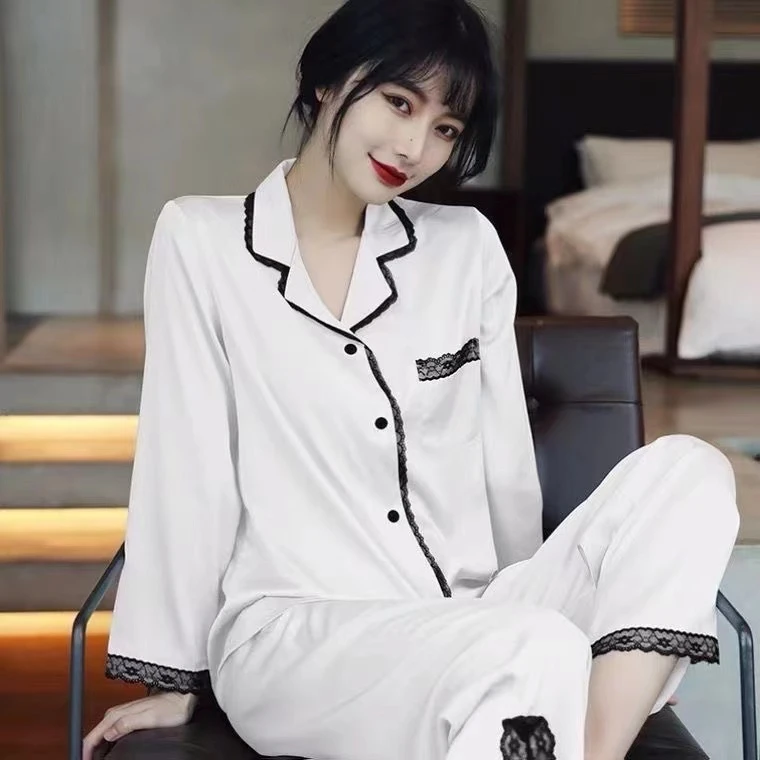 Spring Autumn New Soft Stain Women's Pajamas Set Long-sleeved Trousers Two-piece Set Lace Silk Home Wear Clothes for Women
