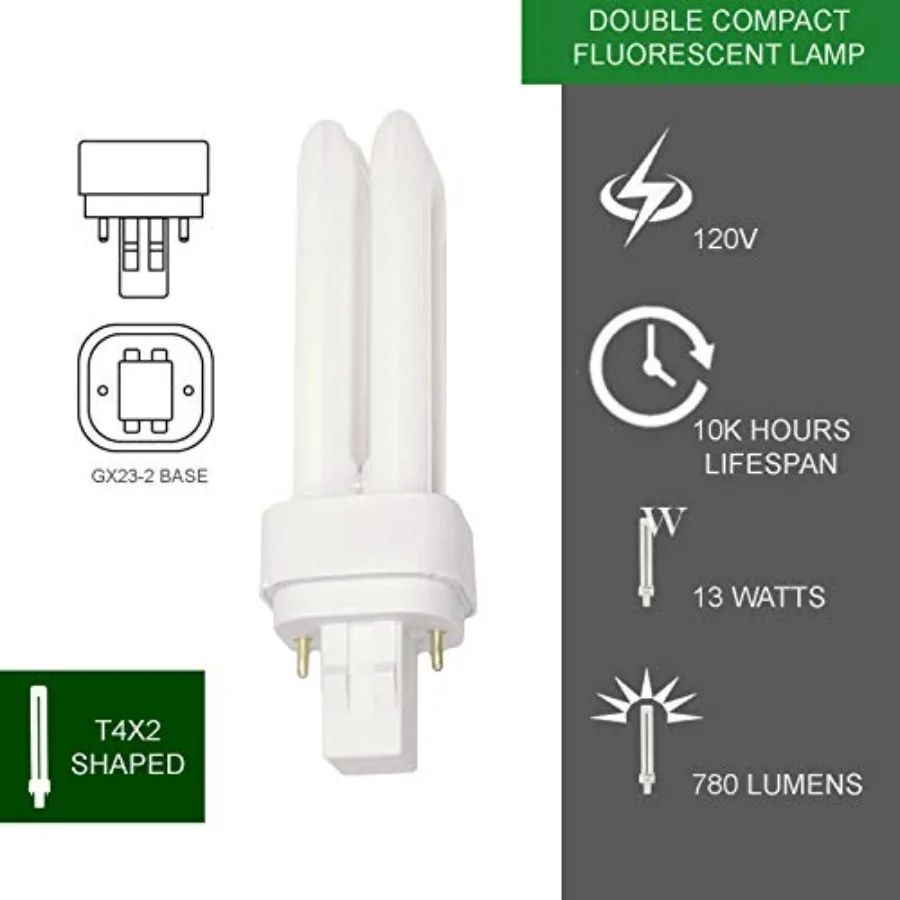 13 Watt CFL Light Bulbs 2 Pin GX23-2 Base Cool White 13W High Output 800 Lumens Double Tube Compact Fluorescent Light Bulbs Plu