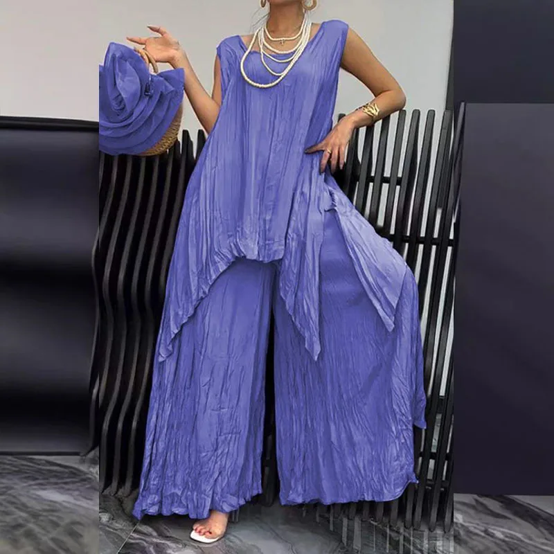 Fold Style Female Set Fashion Chic O Neck Sleeveless Blouse Tops&Wide Leg Pants Suit Casual Solid Irregular Set Women Two Piece