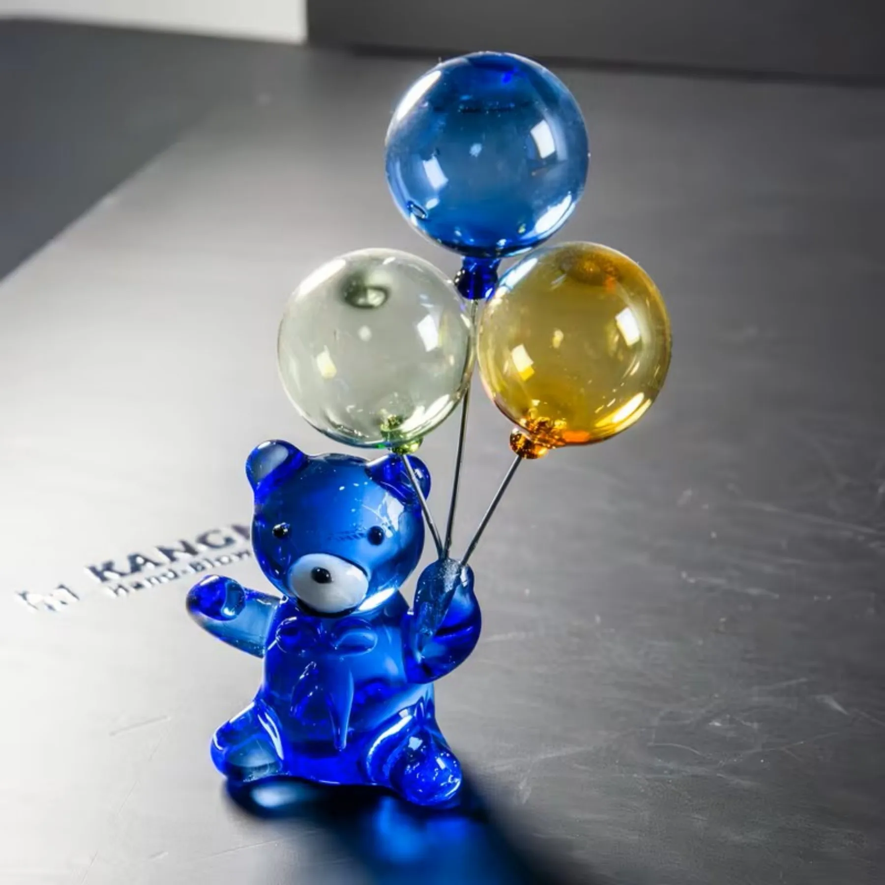 Blue Glass Teddy Bear Figurine - Handmade Crystal Animal Holding Balloon, Cute Desk Home Decor, Unique Birthday Gift for Women