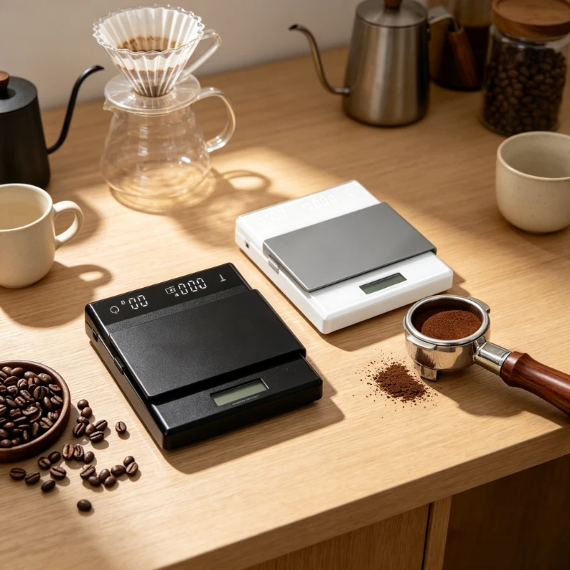 スマートタッチスクリーン式コーヒー計量器。01g単位で正確に計量でき、エスプレッソの抽出時間計測機能付き。バリスタ向けの、ドリップコーヒーの配合比率を計測できる計量器。