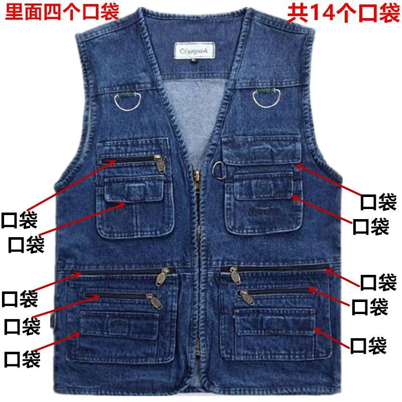 Brieuces Over size 5XL Denim Vests Men Cotton Multi Pocket Jean Jacket Gilet Male Brand Military Waistcoat masculina jaquetas