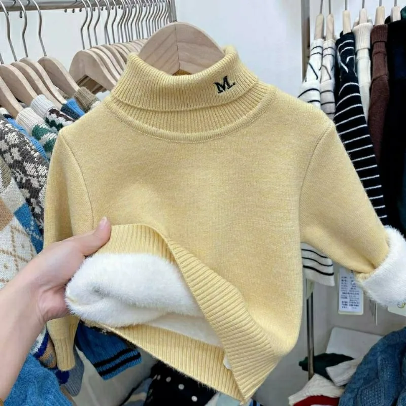 Autumn Winter Fashion High Neck Pullover Long Sleeve Sweaters for Kids Linen Fashion Warm Thicken Children's Clothing Solid Tops