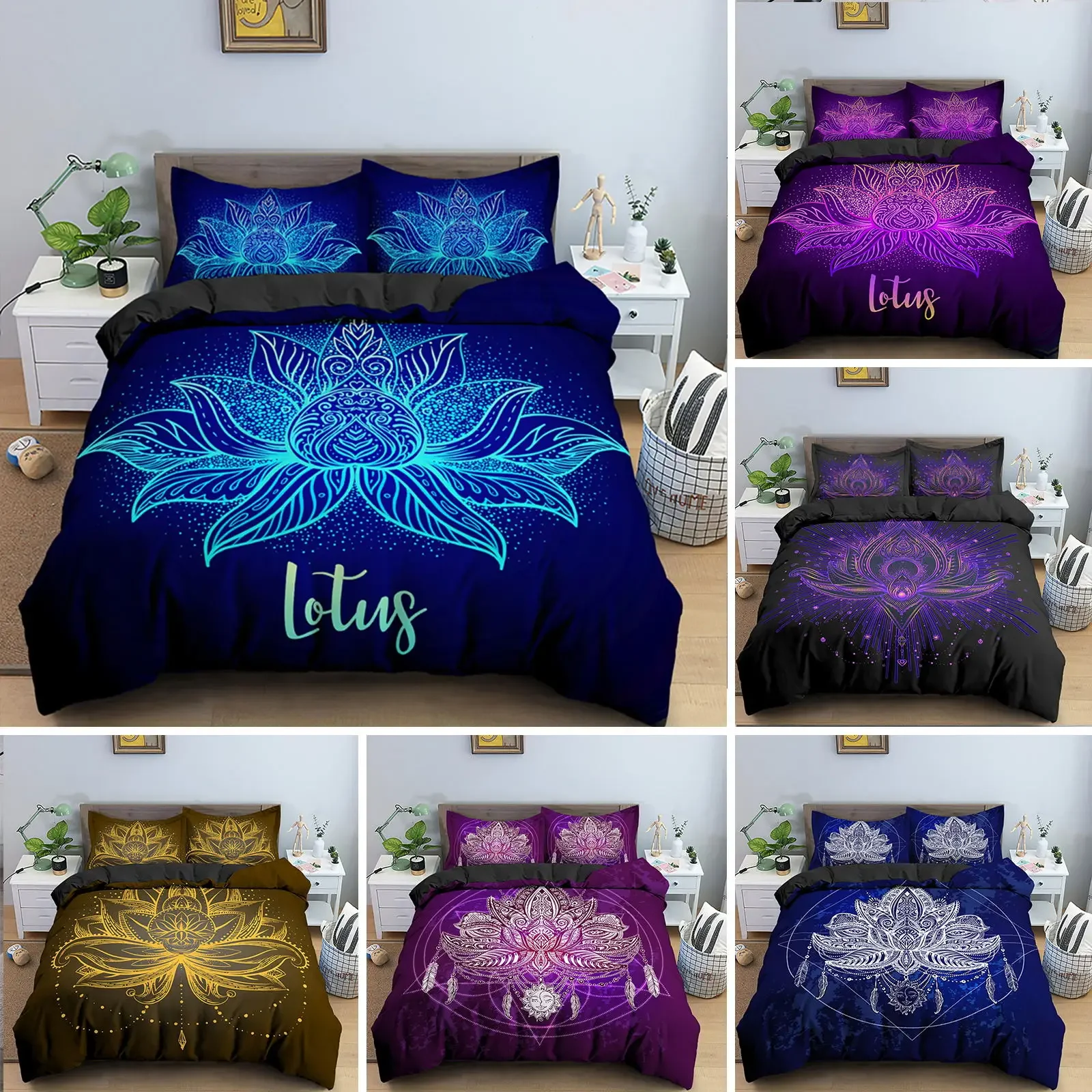 

Bohemian Lotus Bedding Set Mandala Duvet Cover Bedroom Comforter Covers Single Twin King Size Quilt Cover Home Textile 2/3PCS